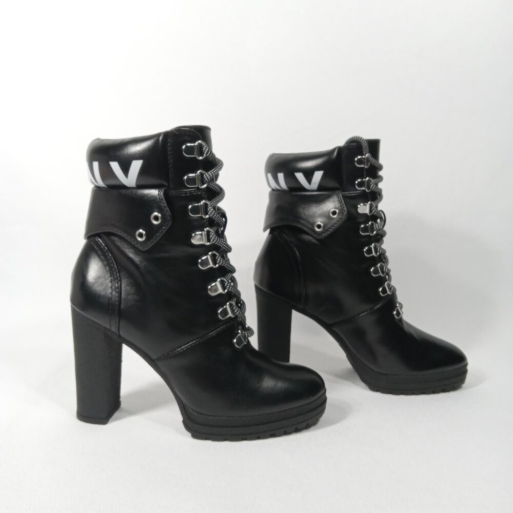 DKNY Black Moto Style Lace Up Logo High Heel Ankle Boots Womens Size 7.5
